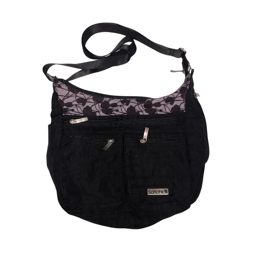 Satchelli Anti Theft RFID Crossbody Travel Bag Hobo Purse Black Floral Accent